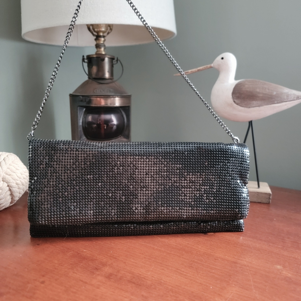 Nordstrom Black Gunmetal Mesh Chain Clutch Crossbody Evening Bag Purse